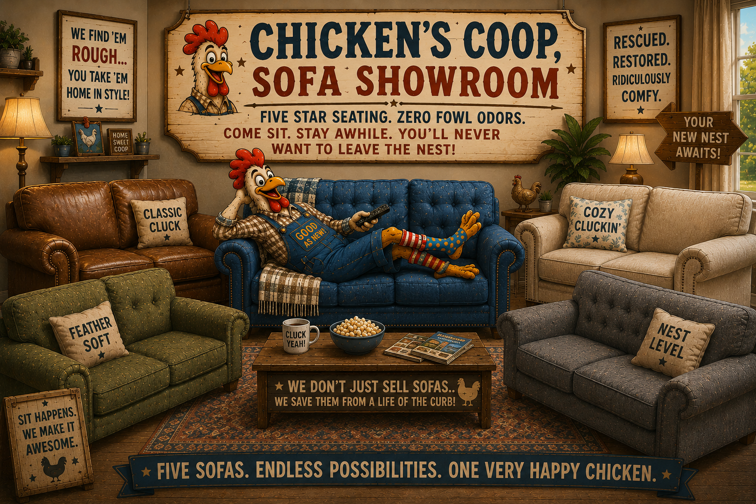 A cartoon rooster relaxes on a restored blue sofa surrounded by five refurbished couches with humorous chicken-themed signage throughout.