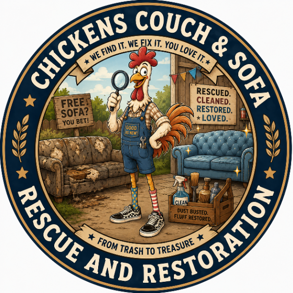Restored blue tufted sofa beside worn couch, cartoon rooster mascot logo for Chickens Couch & Sofa Rescue and Restoration