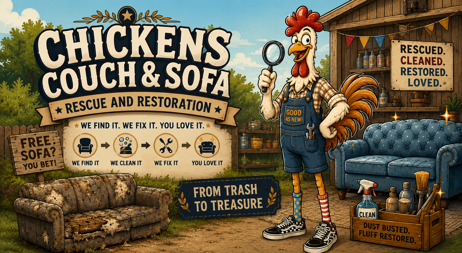 Cartoon rooster in overalls restoring furniture, showing before and after sofas with the tagline From Trash to Treasure