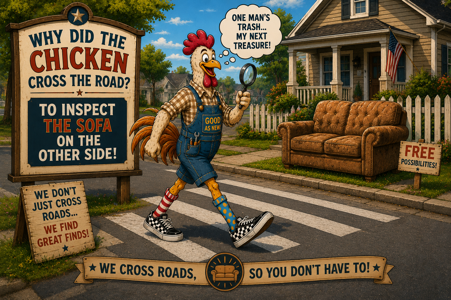 Cartoon chicken in overalls crossing road with magnifying glass toward free curbside sofa, humorous furniture rescue business ad