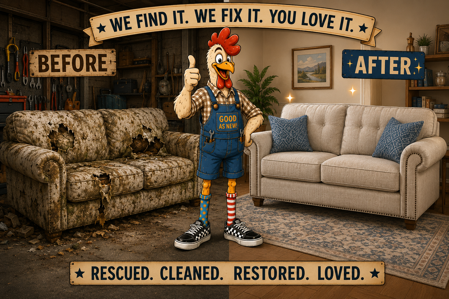 Cartoon rooster mascot in overalls giving thumbs up between a destroyed sofa and a clean restored couch in Thornton CO